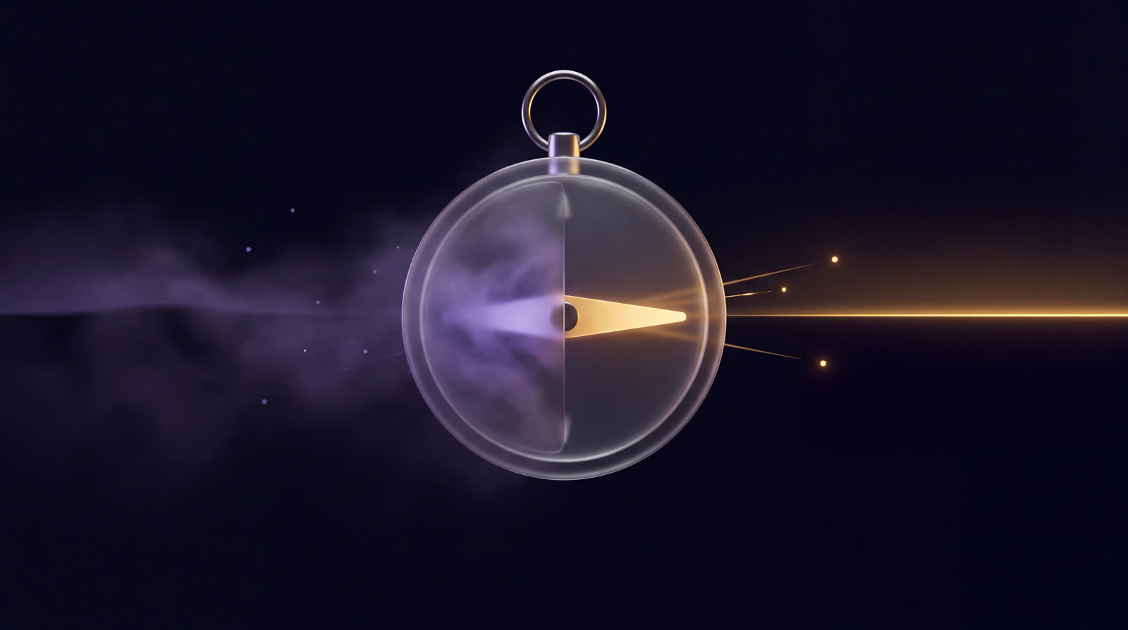 Un instrumento de cristal con la aguja partida en dos: la mitad derecha, dorada, apunta nítida y trazada hacia un horizonte definido; la mitad izquierda, violeta, se disuelve en niebla hacia un horizonte todavía sin forma.